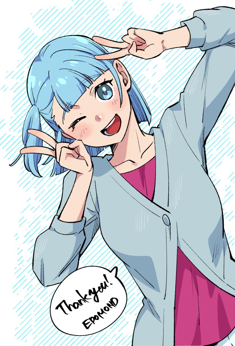 1girl, ;d, blue_eyes, blue_hair, blue_jacket, blunt_bangs, blush, collarbone