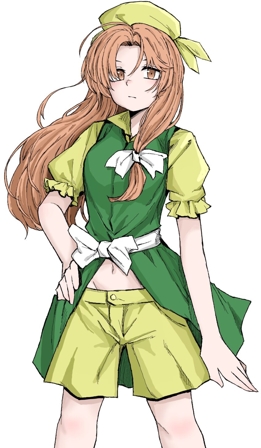 1girl, absurdres, breasts, closed_mouth, commentary_request, cowboy_shot, fe_(tetsu), frilled_sleeves, frills, green_vest, groin, hair_ribbon, hat, highres, long_hair, midriff_peek, navel, orange_(touhou), puffy_short_sleeves, puffy_sleeves, red_eyes, red_hair, ribbon, sash, shirt, short_sleeves, shorts, simple_background, small_breasts, solo, touhou, touhou_(pc-98), very_long_hair, vest, white_background, white_ribbon, white_sash, yellow_hat, yellow_shirt, yellow_shorts