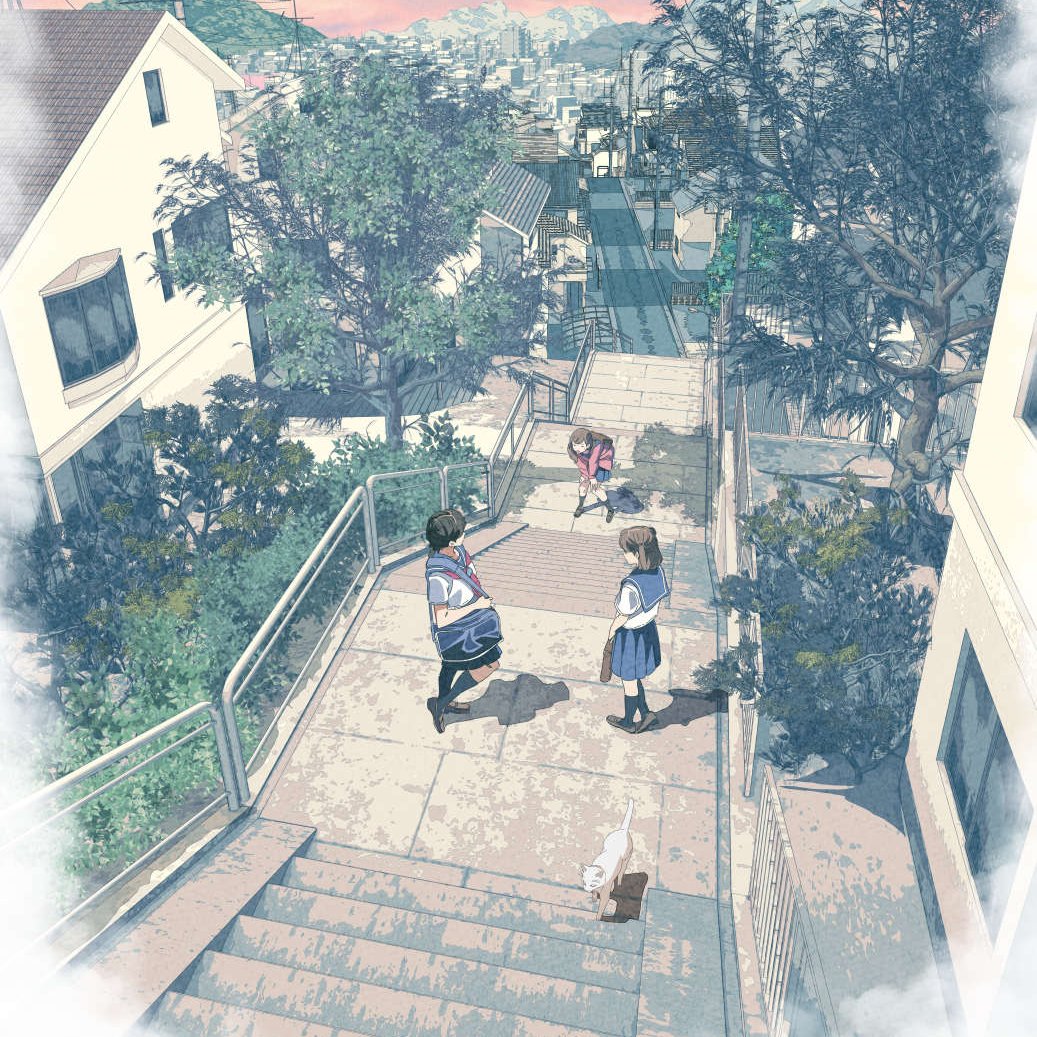 3girls, backpack, bag, bent_over, black_hair, black_socks, blue_sailor_collar, blue_skirt