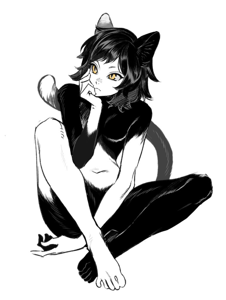 1girl, animal_ears, black_hair, body_fur, cat_ears, cat_girl, cat_tail, dungeon_meshi, female_focus, furry, furry_female, greyscale, izutsumi, looking_to_the_side, monochrome, nude, short_hair, sitting, sumooo_(ga_ilil), tail, white_background, yellow_eyes