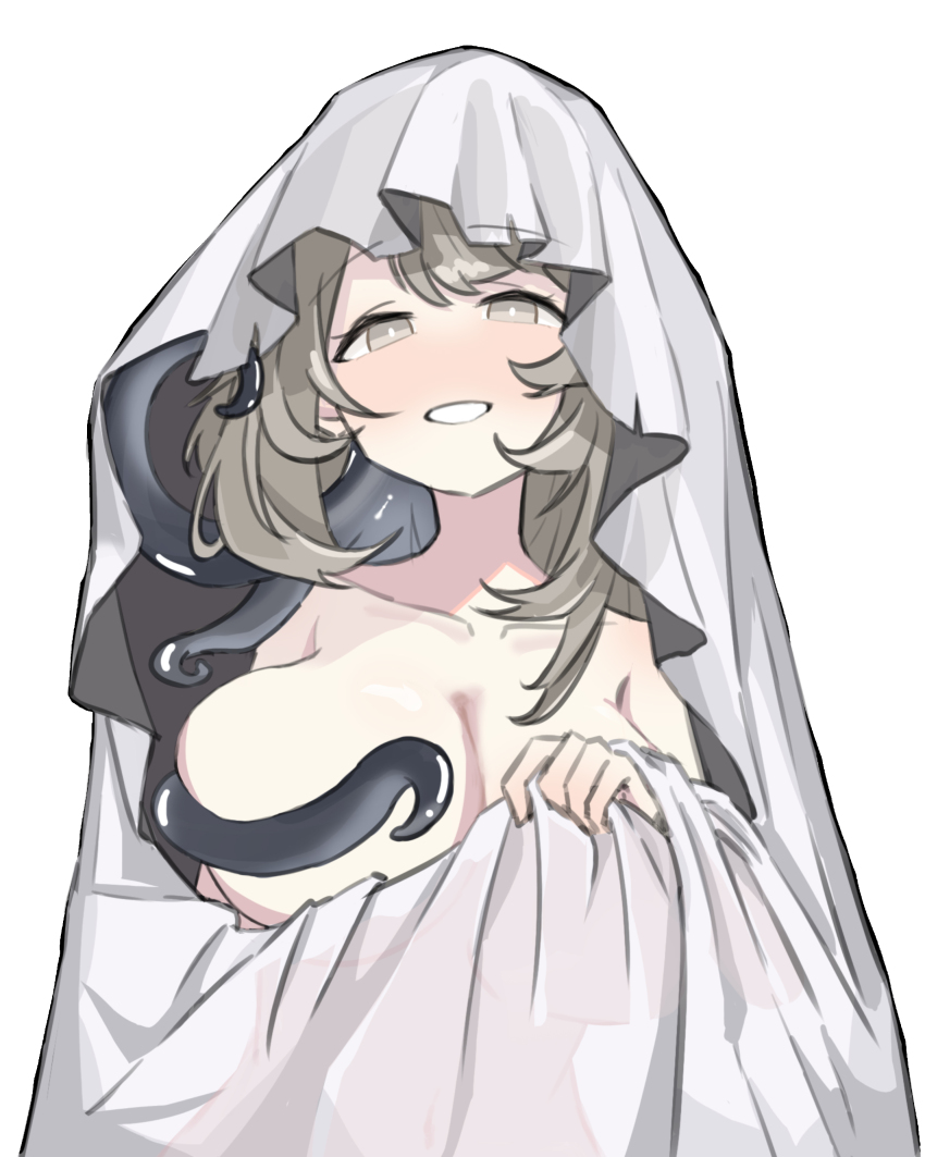 1girl, absurdres, aged_up, bed_sheet, blush, breasts, cleavage, collarbone, covering_breasts, covering_privates, grey_eyes, grey_hair, highres, holding, holding_sheet, justina_(sduy5347), korean_commentary, large_breasts, long_hair, looking_at_viewer, naked_sheet, poltergeist_(reverse:1999), reverse:1999, solo, tentacles