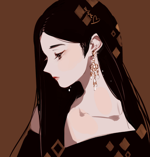 1girl, animification, bad_id, bad_tumblr_id, black_dress, black_hair, brown_background, brown_eyes