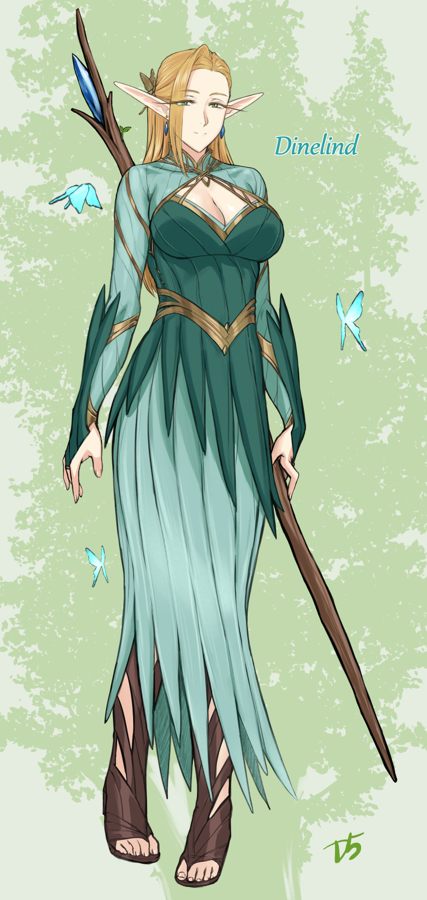 1girl, absurdres, blonde_hair, breasts, bridal_gauntlets, bug, butterfly, butterfly_hair_ornament