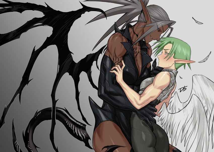 2girls, absurdres, angel_wings, arm_tattoo, armor, ass, bare_arms, bare_shoulders, black_gloves, breastplate, breasts, celewen, cleavage, commentary, dark-skinned_female, dark_elf, dark_skin, demon_wings, detached_wings, drill_(emilio), earrings, elbow_gloves, elf, feathers, from_side, gloves, green_hair, grey_background, hand_on_another's_back, height_difference, highres, interracial, jewelry, large_breasts, long_hair, long_pointy_ears, looking_at_another, multiple_girls, muscular, muscular_female, neck_tattoo, neytharone_(drill_(emilio)), original, parted_lips, pointy_ears, ponytail, profile, red_eyes, short_hair, simple_background, smirk, stud_earrings, tail, tattoo, wings, yellow_eyes, yuri