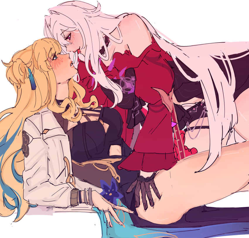 2girls, absurdres, after_kiss, black_dress, black_gloves, blonde_hair, blue_eyes, blush, breasts, cellysticks, choker, commentary, dress, english_commentary, eye_contact, face-to-face, gloves, hand_on_another's_thigh, highres, honkai_(series), honkai_impact_3rd, large_breasts, long_hair, looking_at_another, multicolored_hair, multiple_girls, open_mouth, parted_lips, pink_hair, purple_eyes, saliva, saliva_trail, shorts, simple_background, sketch, songque, songque_(astralop), streaked_hair, thelema_nutriscu, thelema_nutriscu_(mad_pleasure:_shadowbringer), thighs, tongue, tongue_out, twintails, white_hair, yuri