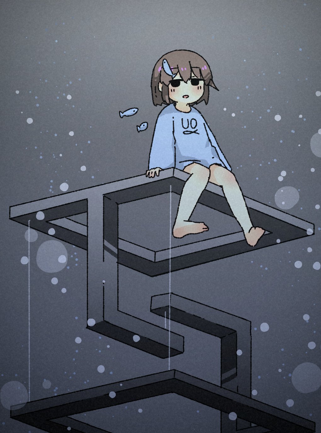 1girl, barefoot, black_eyes, blue_shirt, brown_hair, bubble, clothes_writing, fish
