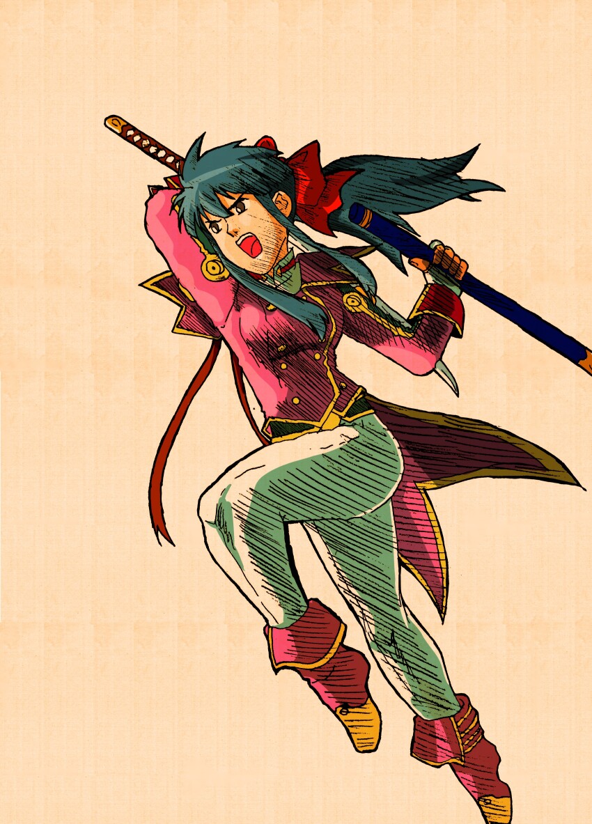 1girl, absurdres, angry, arm_up, blue_hair, boots, breasts, brown_eyes