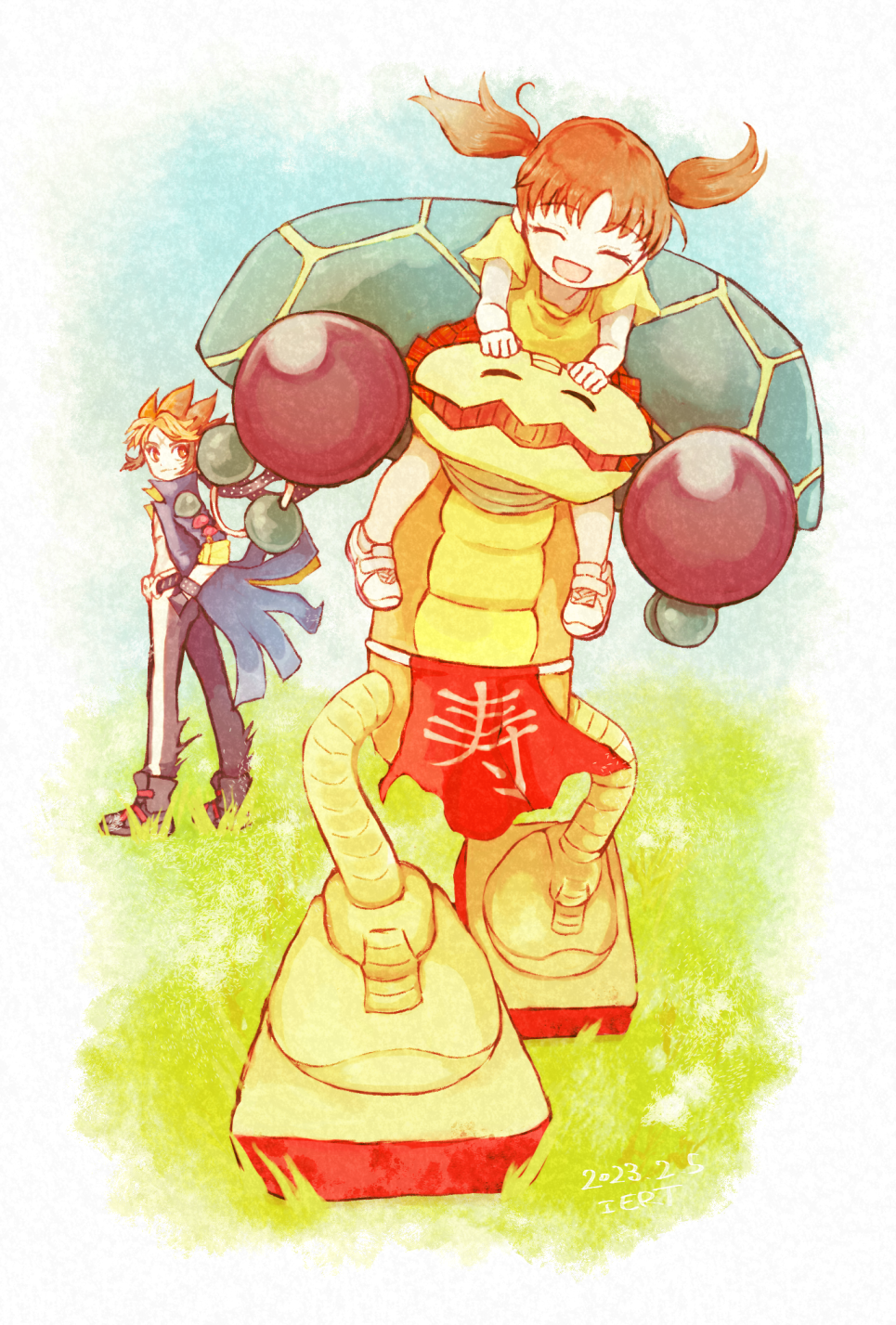 1boy, 1girl, black_pants, blue_jacket, brother_and_sister, brown_hair, child, closed_eyes