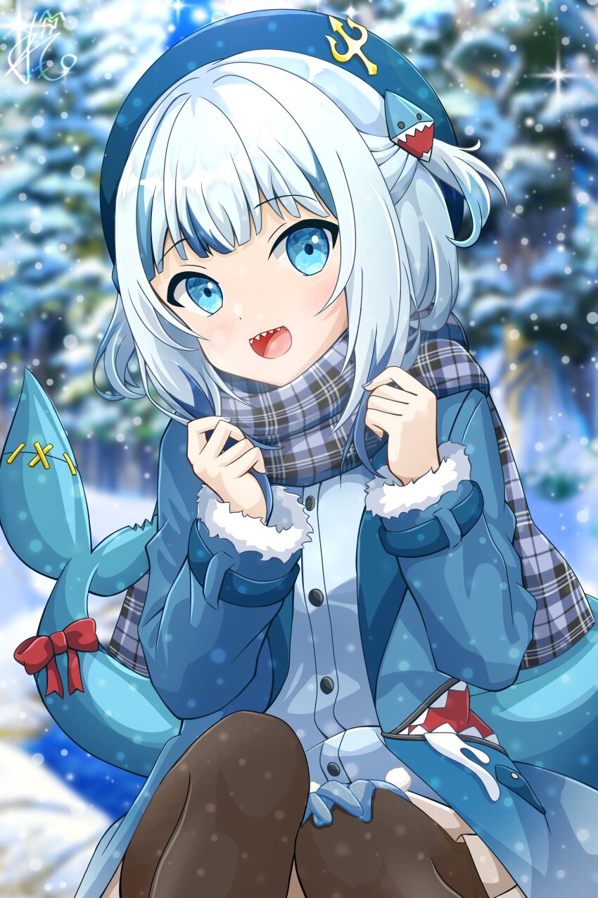 1girl, absurdres, alternate_costume, beret, black_pantyhose, blue_eyes, blue_hair, blue_hat