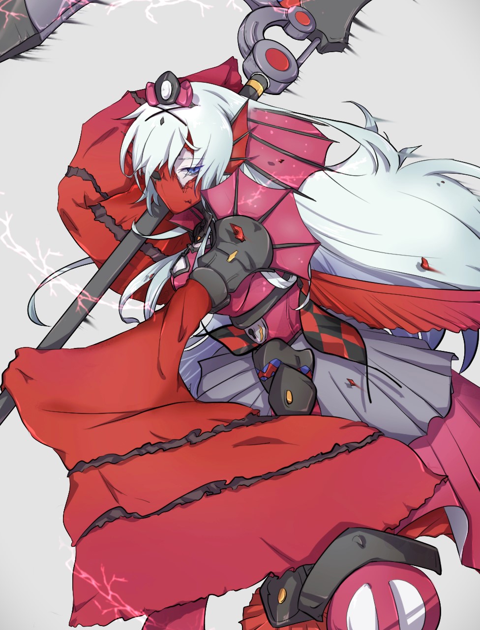 1girl, blue_eyes, broken_mask, duel_monster, expressionless, fins, green_hat, hat