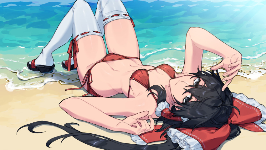 1girl, armpits, beach, bikini, black_eyes, black_hair, bow, breasts