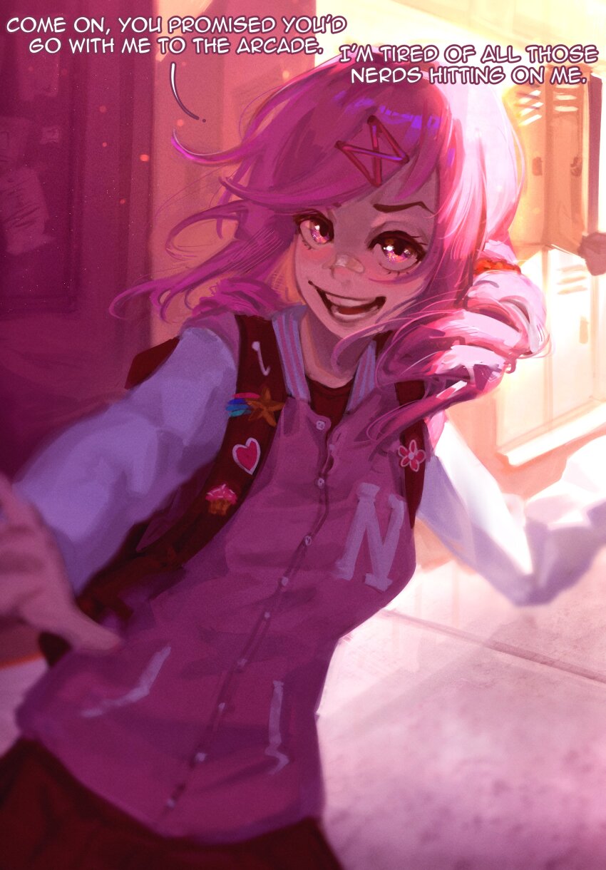 1girl, :d, absurdres, alternate_costume, alternate_hairstyle, backpack, badge, bag, bandaid, bandaid_on_face, bandaid_on_nose, blush, breasts, brown_bag, button_badge, commentary, doki_doki_literature_club, doremyart, english_commentary, english_text, hair_ornament, hair_ribbon, hallway, highres, indoors, jacket, letterman_jacket, locker, looking_at_viewer, medium_hair, messy_hair, multicolored_jacket, natsuki_(doki_doki_literature_club), nose_blush, open_mouth, pink_eyes, pink_hair, pink_jacket, pleated_skirt, raglan_sleeves, reaching, reaching_towards_viewer, red_ribbon, red_skirt, ribbon, school, skirt, small_breasts, smile, solo, swept_bangs, teeth, two-tone_jacket, white_jacket, x_hair_ornament