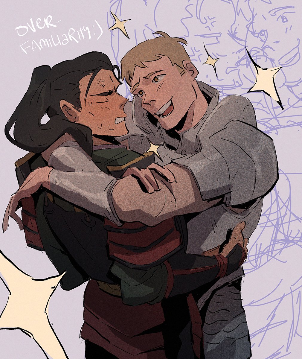 2boys, anger_vein, armor, arms_up, black_hair, bracer, brown_eyes, brown_hair, closed_eyes, commentary, dungeon_meshi, english_commentary, english_text, facing_another, highres, hug, japanese_armor, laios_touden, light_brown_hair, looking_at_another, male_focus, meruz_(automeruz), multiple_boys, open_mouth, pauldrons, ponytail, purple_background, short_hair, shoulder_armor, shurou, sode, sparkle, standing, upper_body, very_short_hair