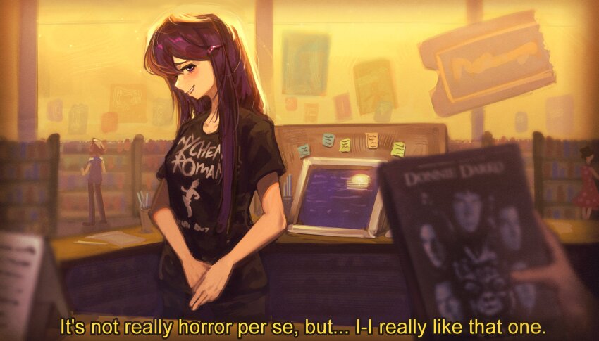 1girl, 1other, absurdres, band_shirt, black_pants, black_shirt, blockbuster_video, blurry, blush, breasts, commentary, counter, depth_of_field, doki_doki_literature_club, donnie_darko, doremyart, dusk, dvd_(object), dvd_case, english_commentary, english_text, hair_ornament, hair_over_shoulder, hairclip, highres, long_hair, looking_at_viewer, looking_to_the_side, medium_breasts, merchandise, monitor, my_chemical_romance, own_hands_together, pants, parted_lips, people, point-of-sale_system, poster_(object), purple_hair, raised_eyebrows, shelf, shirt, shop, short_sleeves, sign, smile, solo_focus, standing, sticky_note, subtitled, t-shirt, the_black_parade, window, yuri_(doki_doki_literature_club)