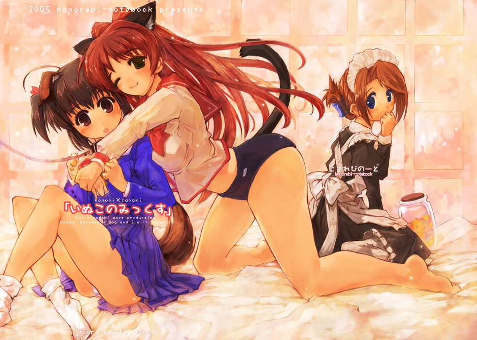 00s, 3girls, ahoge, animal_ears, arms_around_neck, buruma, candy, cat_ears, collar, confeito, dog_ears, folded_ponytail, food, gym_uniform, hug, hug_from_behind, komaki_manaka, konpeitou, kousaka_tamaki, leash, maid, momiji_mao, multiple_girls, panties, pantyshot, red_hair, sitting, socks, striped_clothes, striped_panties, to_heart_(series), to_heart_2, underwear, yuzuhara_konomi