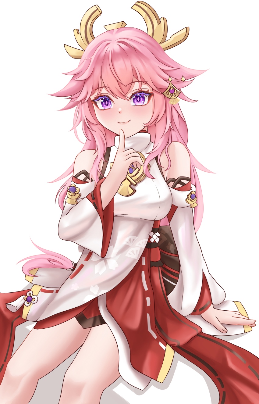 1girl, absurdres, aged_down, arm_support, bare_legs, bare_shoulders, colored_eyelashes, crossed_bangs, detached_sleeves, eyeliner, feet_out_of_frame, floral_print, ganqing, genshin_impact, hair_flaps, hair_intakes, hakama, hakama_skirt, hand_up, headpiece, highres, invisible_chair, japanese_clothes, jewelry, lace-trimmed_sleeves, lace_trim, light_blush, long_hair, long_sleeves, makeup, nontraditional_miko, petite, pink_hair, pointing, pointing_up, purple_eyes, red_eyeliner, red_hakama, shirt, sidelocks, simple_background, sitting, skirt, sleeveless, sleeveless_turtleneck, smile, tassel, turtleneck, very_long_hair, white_background, white_shirt, wide_sleeves, yae_miko