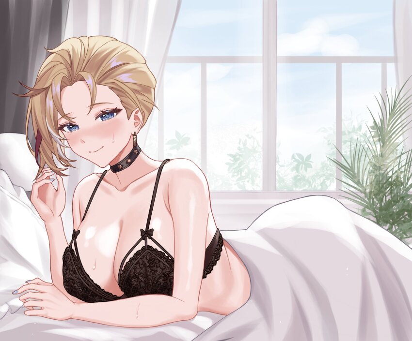 1girl, bed_sheet, black_bra, black_choker, blonde_hair, blue_nails, bra, breasts