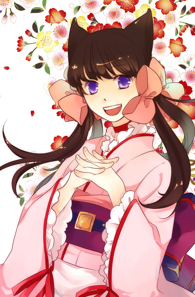 1girl, animal_ears, bad_id, bad_pixiv_id, black_hair, bow, female_focus, flower