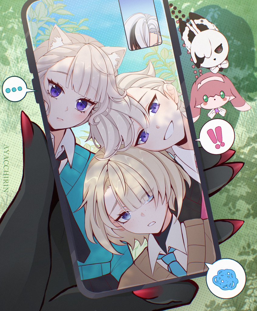 ..., 2boys, 2girls, alternate_costume, animal_ear_fluff, animal_ears, aqua_sweater, arlecchino_(genshin_impact)