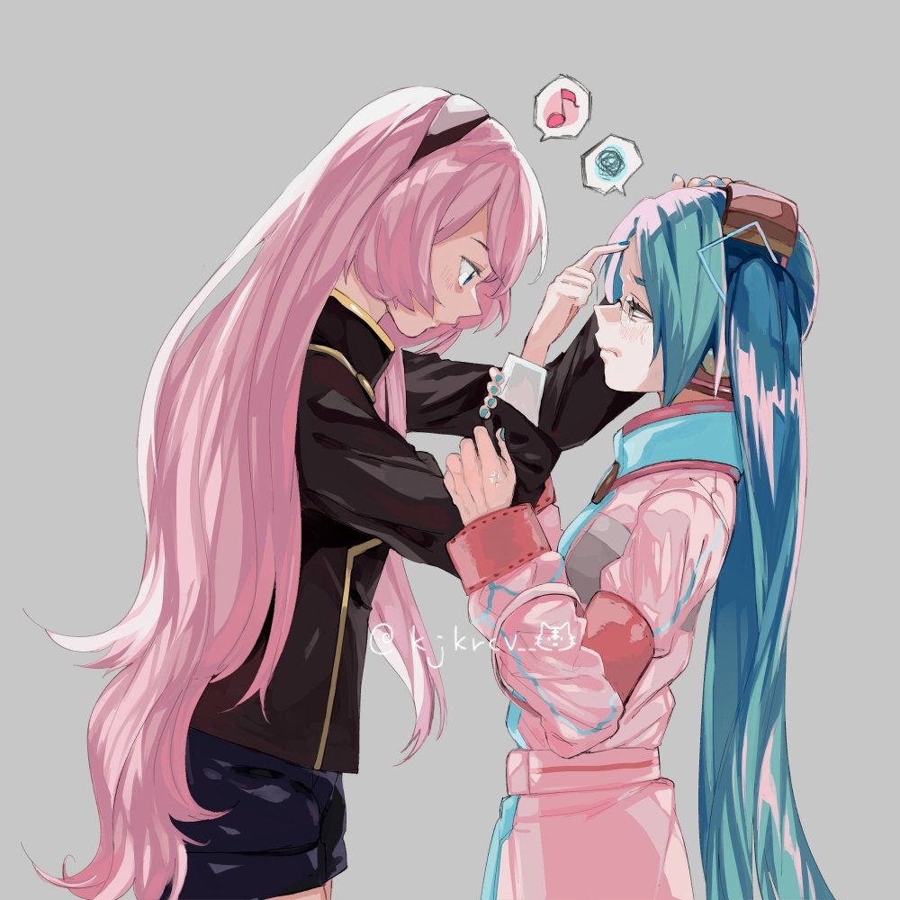 2girls, anger_vein, aqua_eyes, aqua_hair, aqua_nails, blue_eyes, blue_nails, calc._(vocaloid), cowboy_shot, hatsune_miku_(engage), expressionless, frown, glasses, grey_background, hair_ornament, hatsune_miku, headband, lady-ichiko, light_blush, megurine_luka_(logicalist), long_hair, megurine_luka, multiple_girls, musical_note, nail_polish, no_logic_(vocaloid), official_alternate_costume, pink_hair, project_diva_(series), project_diva_x, project_mirai, shorts, simple_background, speech_bubble, spoken_musical_note, spoken_squiggle, squiggle, sweatdrop, twintails, twitter_username, very_long_hair, vocaloid