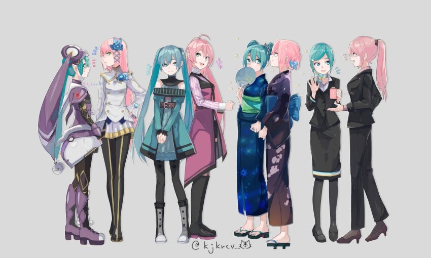 2girls, :d, akatsuki_arrival_(vocaloid), antenna_hair, aqua_eyes, aqua_hair, aqua_nails, black_footwear, black_pantyhose, blue_kimono, blue_nails, blush, boots, brown_footwear, commentary_request, cosplay, double_bun, dress, flight_attendant, full_body, geta, green_eyes, grey_background, hair_bun, hair_ornament, hatsune_miku, hatsune_miku_(avant-garde), hatsune_miku_(cabin_attendant_style_a), hatsune_miku_(fonewearl_style), hatsune_miku_(yukata_style), high_heels, highres, holding_hands, japanese_clothes, kimono, lady-ichiko, megurine_luka, megurine_luka_(recruiter), megurine_luka_(successor), megurine_luka_(yukata_style), multiple_girls, multiple_views, nagisa_(phantasy_star), nagisa_(psp2i)_(cosplay), nail_polish, obi, official_alternate_costume, official_alternate_hairstyle, open_mouth, pantyhose, phantasy_star, phantasy_star_portable_2, phantasy_star_portable_2_infinity, pink_hair, pointy_ears, ponytail, project_diva_(series), project_diva_extend, project_diva_f, project_diva_f_2nd, purple_footwear, purple_kimono, sash, simple_background, smile, sparkle, teeth, travel_attendant, twintails, twitter_username, upper_teeth_only, vocaloid, wiola_magica, yukata