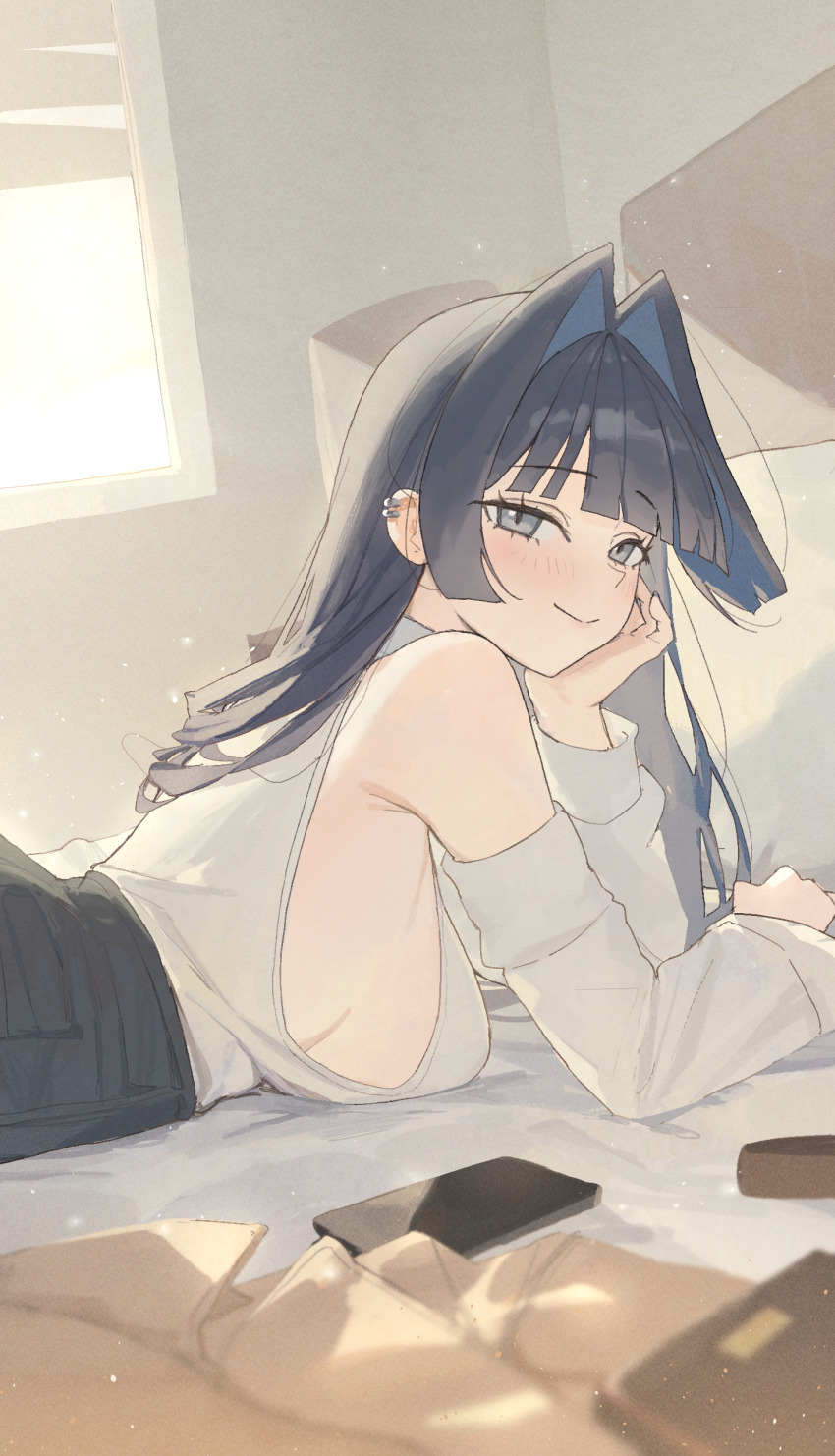 1girl, absurdres, arch_05x, blue_hair, blunt_bangs, blurry, blush, breasts