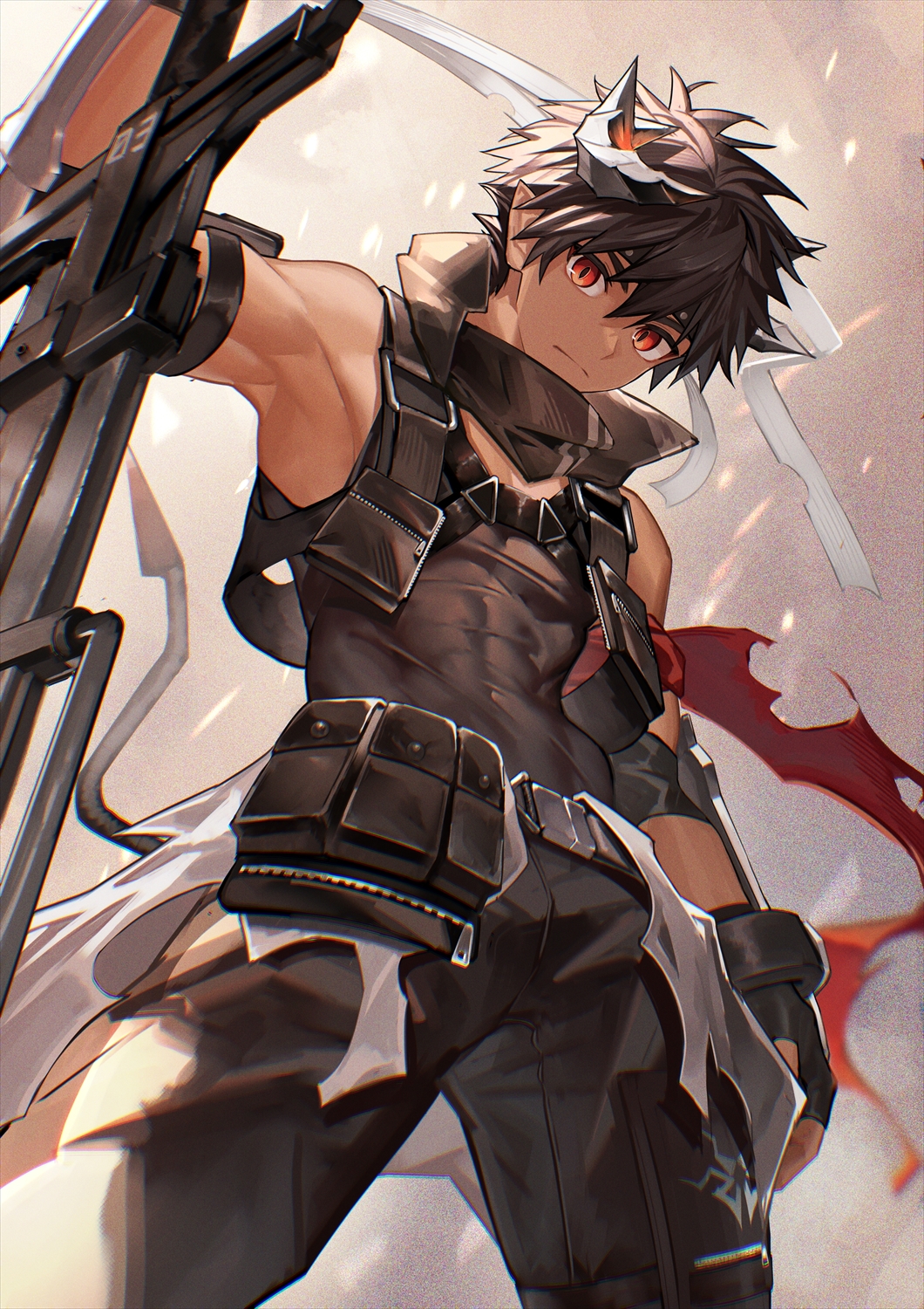 1boy, arknights, armpits, black_gloves, black_jacket, black_pants, black_tank_top, brown_background, brown_hair, commentary, cowboy_shot, cropped_jacket, dark-skinned_male, dark_skin, english_commentary, fingerless_gloves, from_below, frown, gloves, gradient_background, highres, holding, holding_sword, holding_weapon, jacket, looking_at_viewer, looking_down, male_focus, muscular, muscular_male, nayoshi_(r-744), odda_(arknights), orange_eyes, pants, pointy_ears, pouch, short_hair, solo, sword, tank_top, weapon