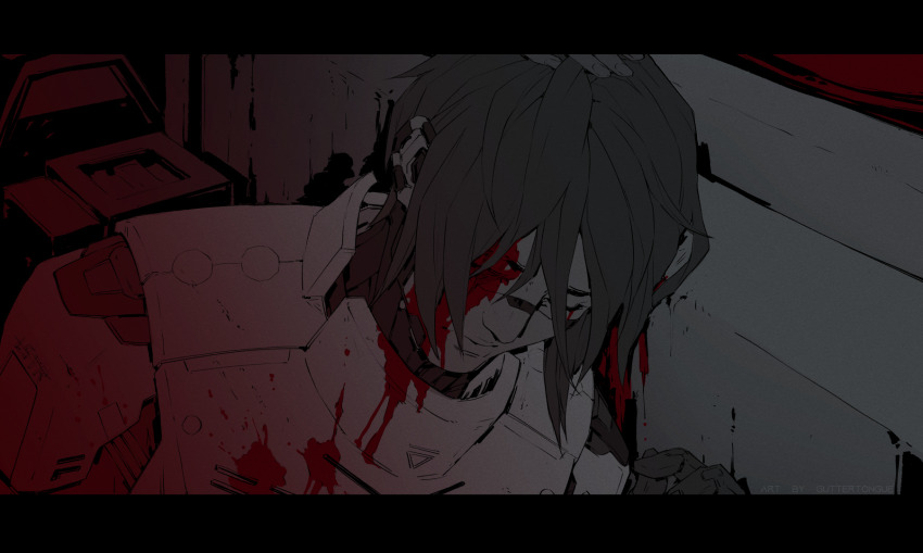 1girl, android, artist_name, black_hair, bleeding, blood_from_forehead, blood, blood_on_clothes