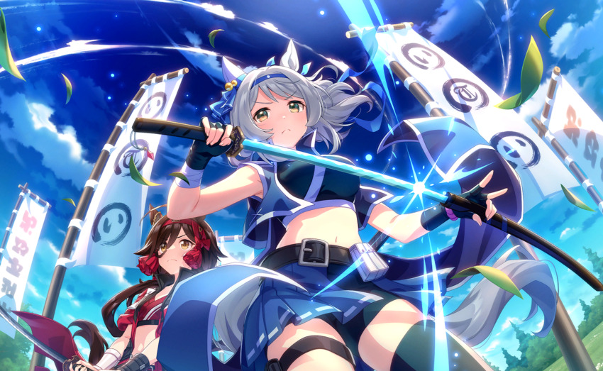 ahoge, alternate_costume, animal_ears, banner, belt, belt_bag, bike_shorts, breasts