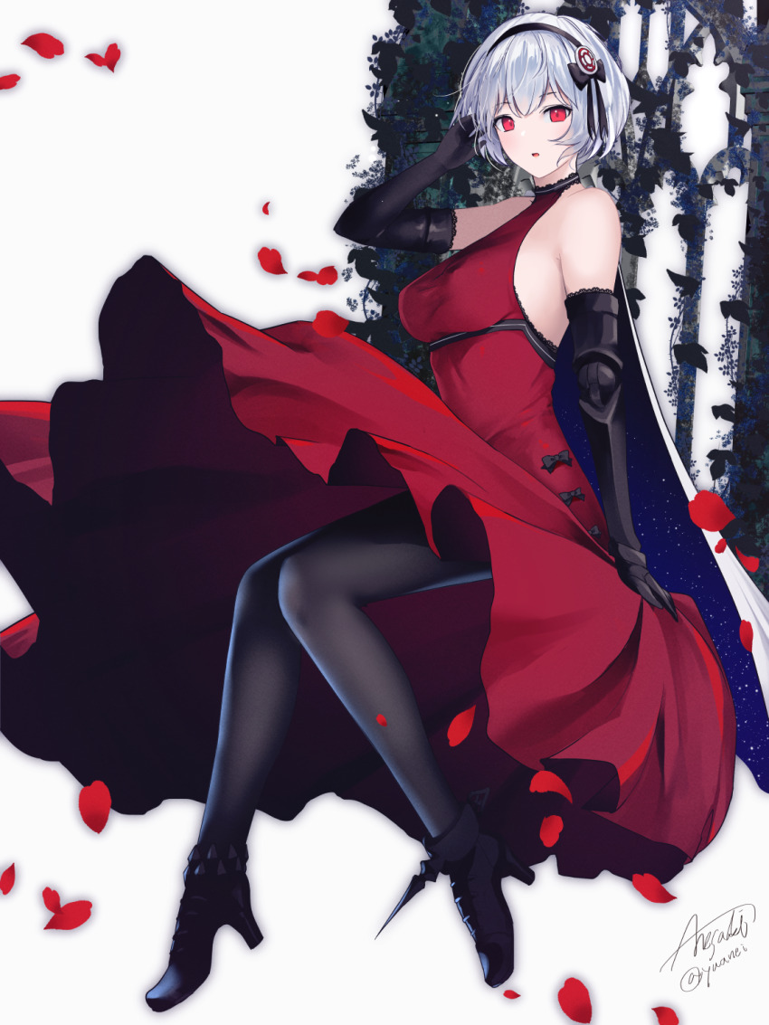 1girl, anesaki, black_bow, black_footwear, black_gloves, black_hairband, black_pantyhose, blush