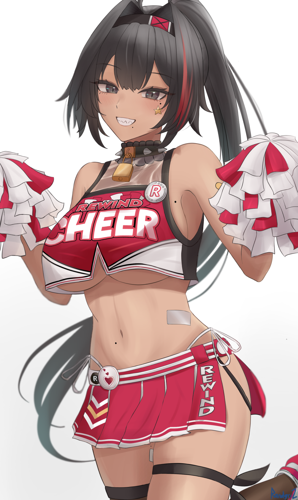1girl, ahoge, bay_(nikke), black_eyes, black_hair, breasts, cheerleader, collar
