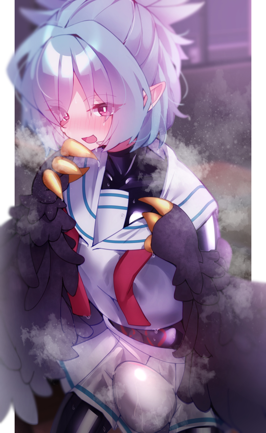 1girl, absurdres, black_feathers, black_wings, blue_hair, bodysuit, bright_pupils, claws