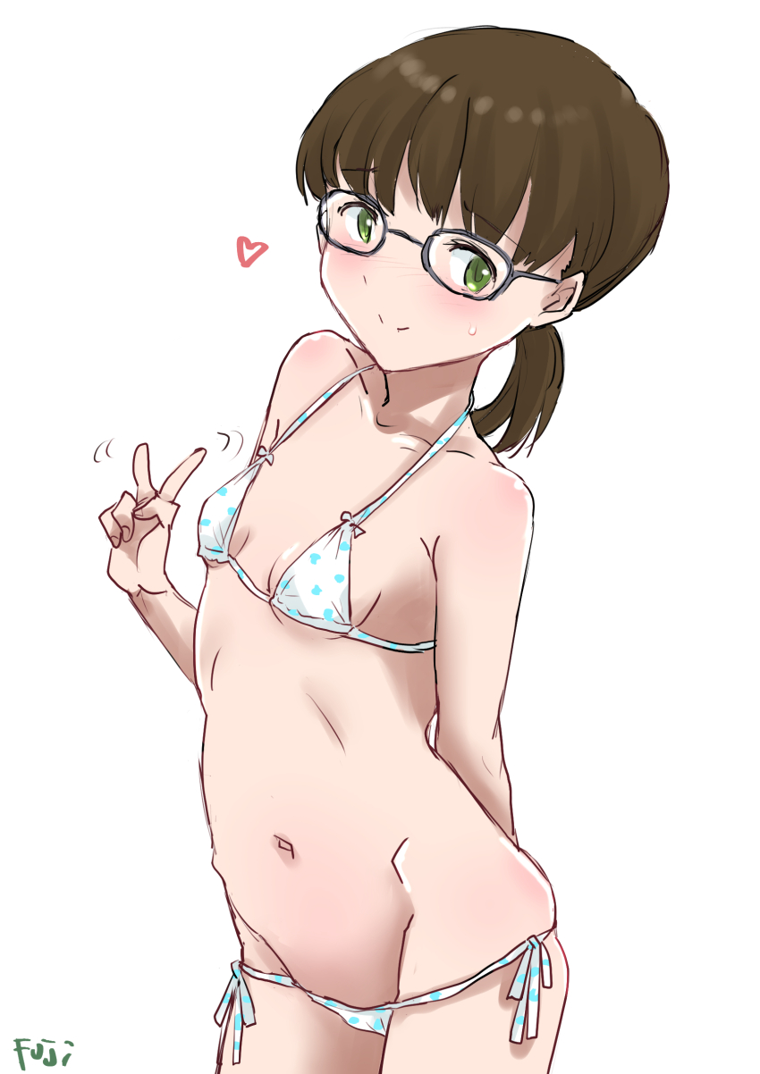 1girl, arm_behind_back, bikini, breasts, brown_hair, c2_kikan, cowboy_shot, fuji_(pixiv24804665)