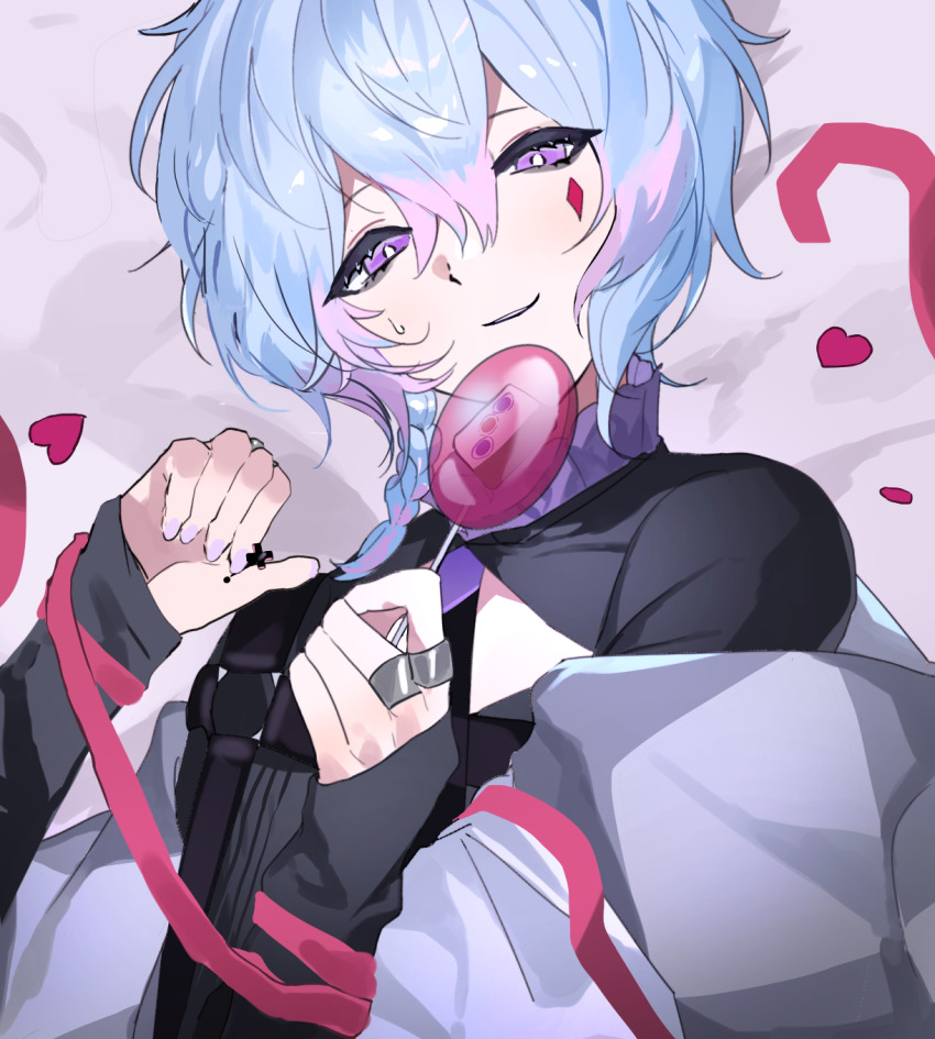 1boy, black_shirt, blue_hair, braid, candy, diamond_(shape), diamond_facial_mark, facial_mark