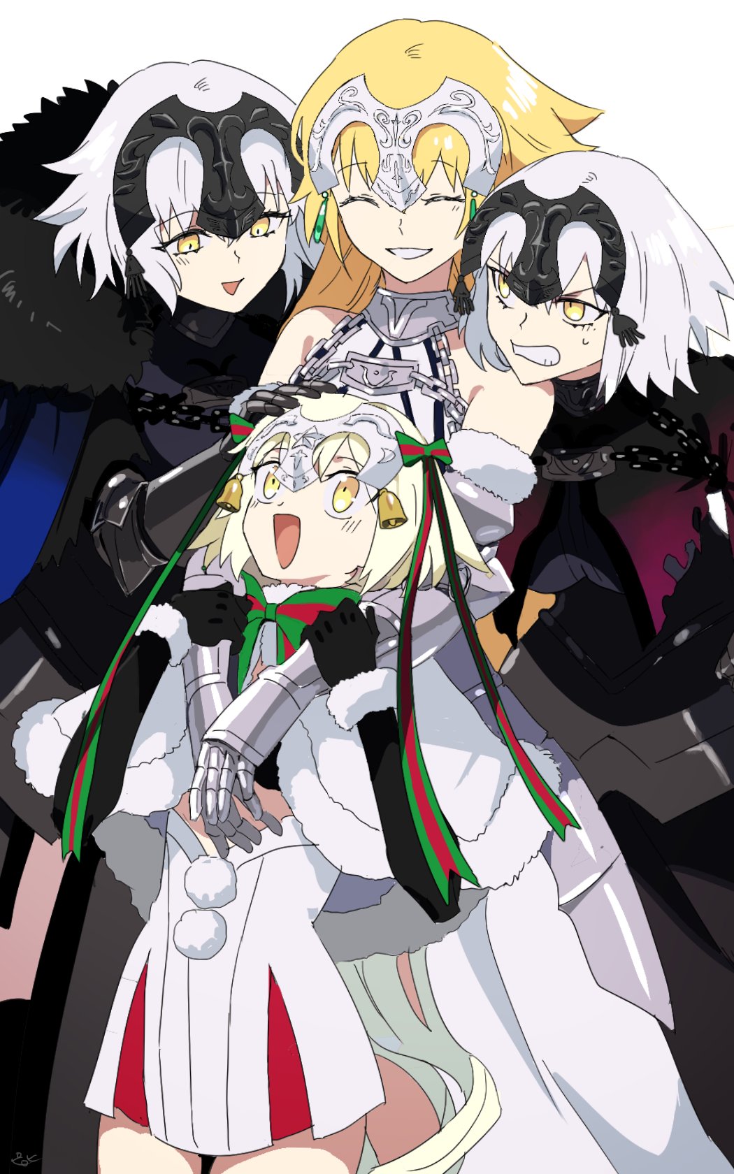 4girls, armor, armored_dress, bare_shoulders, bell, bikini, bikini_top_only, black_armor