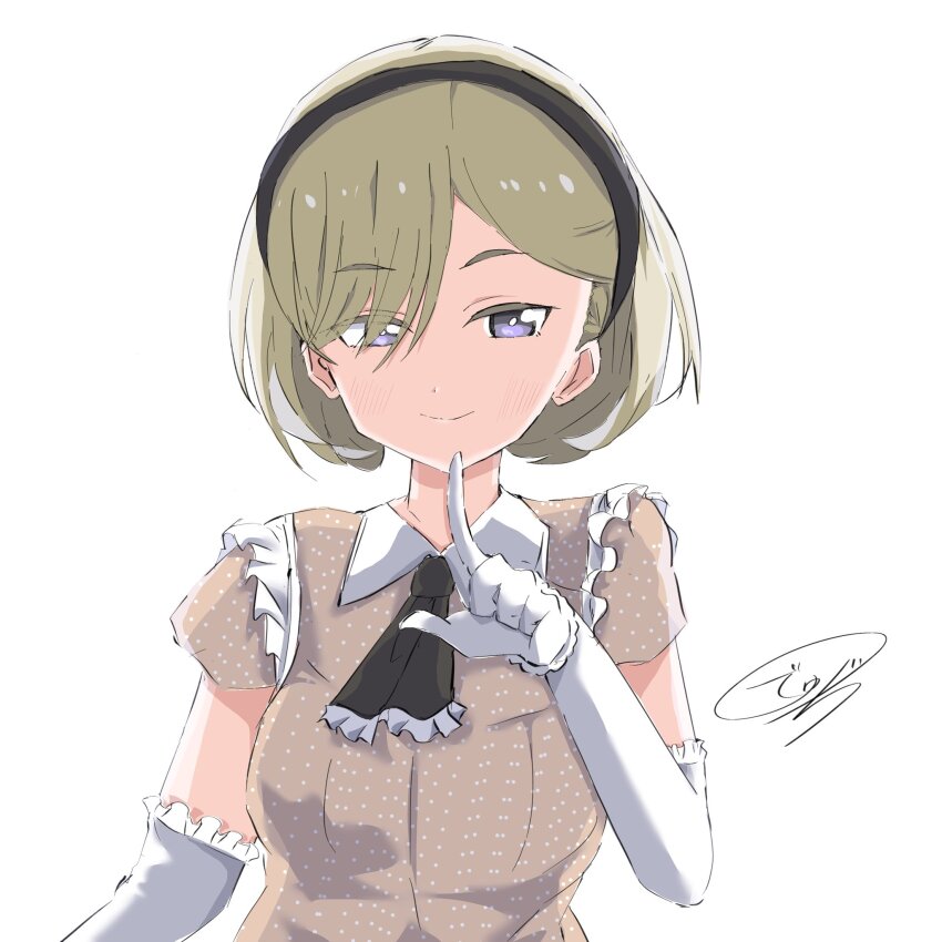 1girl, alternate_hairstyle, black_hairband, blush, brown_dress, brown_hair, closed_mouth, commentary_request