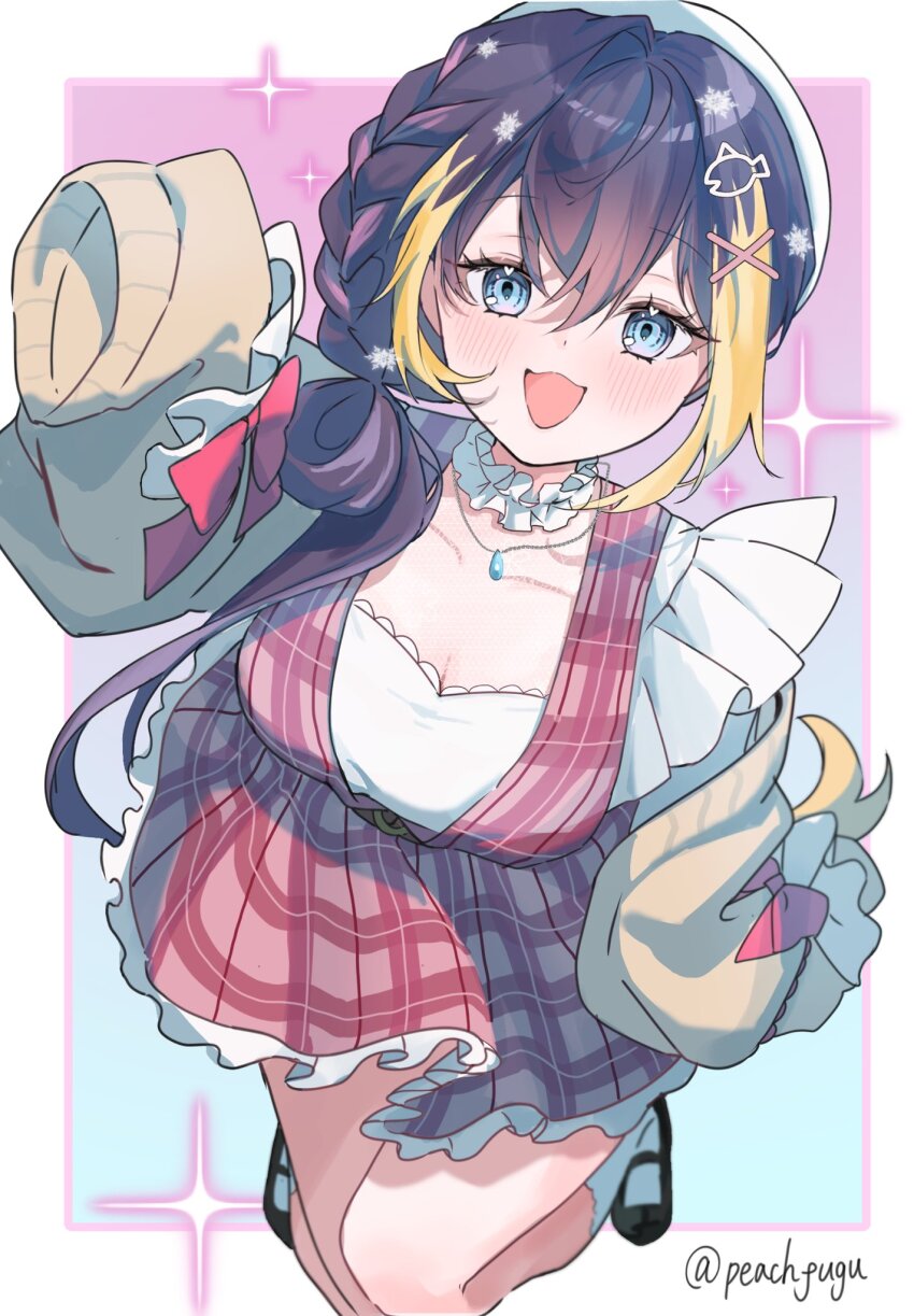 beret, black_hair, blonde_hair, blue_eyes, braid, breasts, cleavage, collarbone