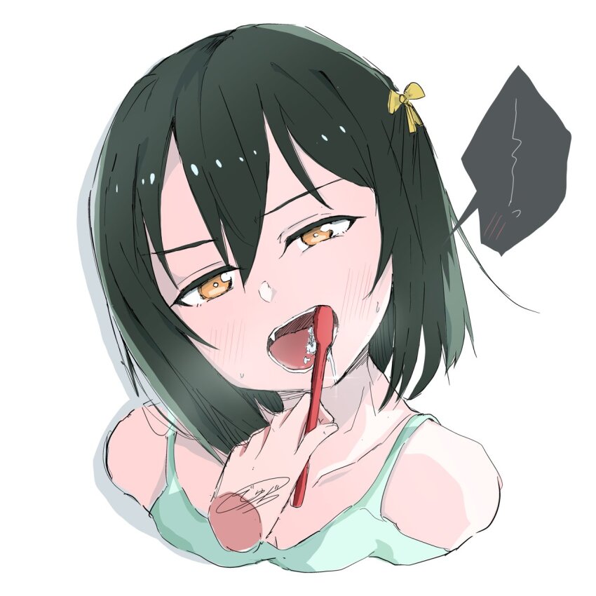 1girl, 1other, blush, brushing_another's_teeth, camisole, collarbone, commentary_request, cropped_shoulders, dhuno_g, disembodied_hand, green_camisole, green_hair, hair_between_eyes, hair_ribbon, head_tilt, highres, holding, holding_toothbrush, looking_at_viewer, love_live!, love_live!_nijigasaki_high_school_idol_club, mifune_shioriko, open_mouth, ribbon, short_hair, signature, speech_bubble, toothbrush, upper_body, white_background, yellow_eyes, yellow_ribbon