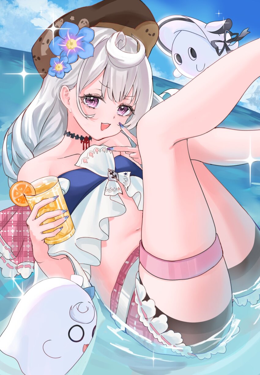 1girl, ahoge, bare_shoulders, beret, bike_shorts, blue_sky, cloud, collarbone