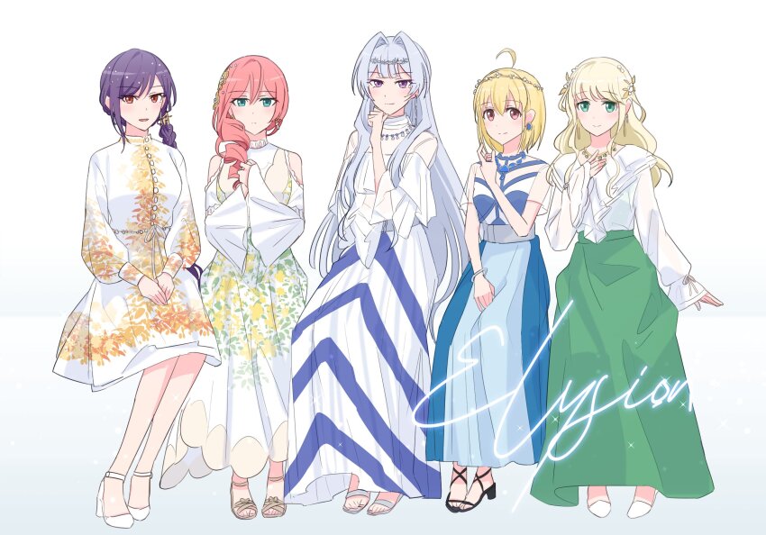 5girls, ahoge, aqua_eyes, arm_at_side, black_footwear, blonde_hair, blue_dress, bow