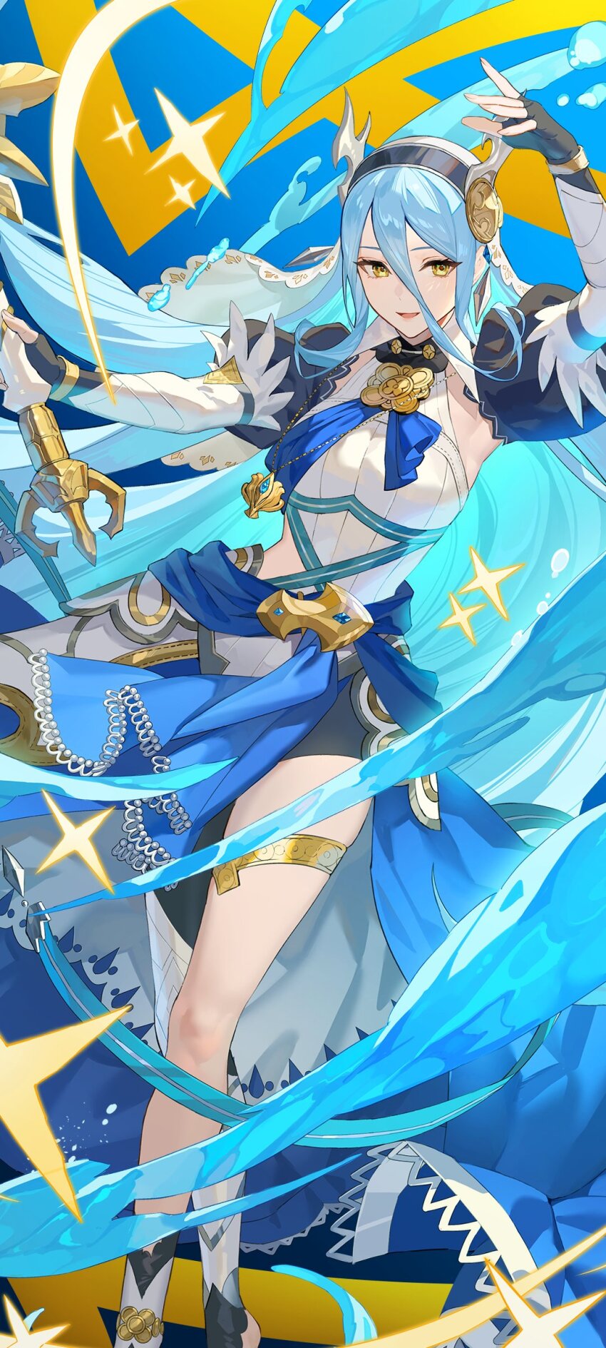 1girl, absurdres, asymmetrical_legwear, axe, azura_(fire_emblem), azura_(song's_reflection)_(fire_emblem), barefoot, blue_hair