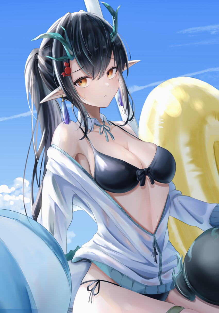 arknights, ball, bare_shoulders, beachball, bikini, black_bikini, black_bra, black_hair