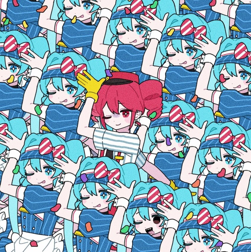 2girls, :q, arm_up, blue_dress, blue_eyes, blue_hair, bow, closed_mouth, confetti, dress, drill_hair, hair_bow, hatsune_miku, highres, kasane_teto, long_hair, mesmerizer_(vocaloid), multiple_girls, multiple_views, one_eye_closed, pink_eyes, pink_hair, puffy_short_sleeves, puffy_sleeves, recurring_image, sesam344, short_sleeves, smile, sparkling_eyes, striped_bow, tongue, tongue_out, twin_drills, twintails, utau, very_long_hair, visor_cap, vocaloid