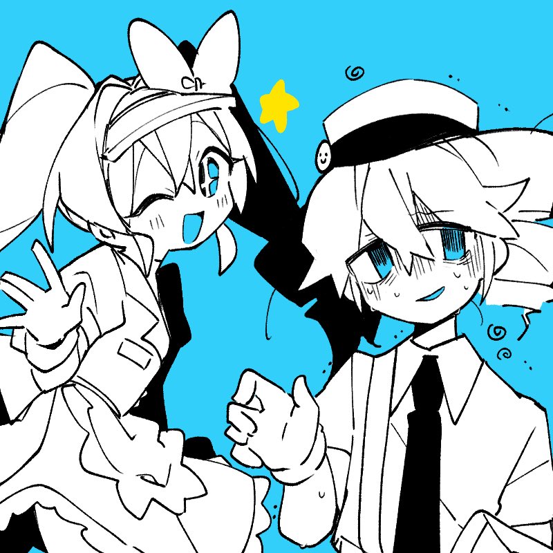 2girls, apron, blue_background, bow, collared_shirt, dress, drill_hair, frilled_apron