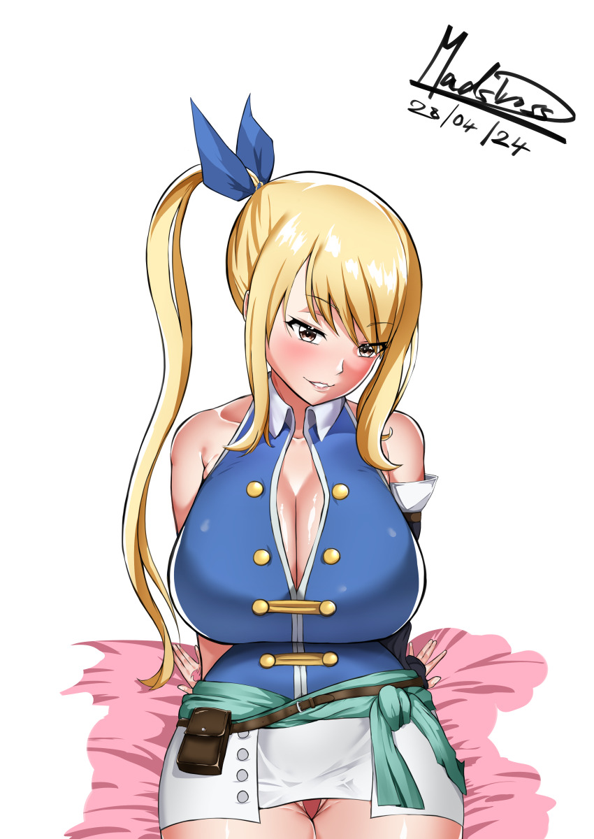 1girl, absurdres, artist_name, blonde_hair, blush, breasts, brown_eyes, cleavage
