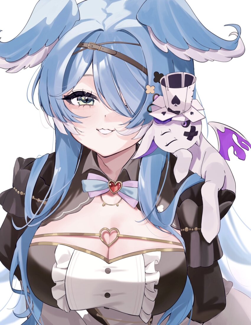 1girl, :3, aqua_eyes, blue_hair, blush, bow, bowtie, breasts