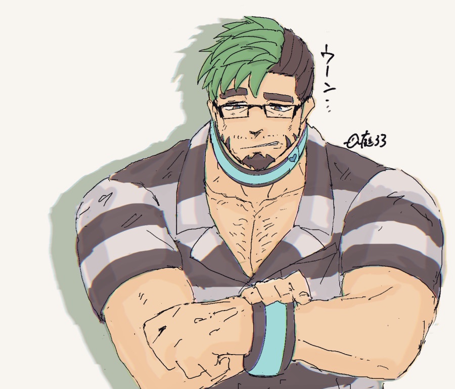 1boy, alternate_costume, bara, black_hair, collar, collared_shirt, facial_hair, glasses