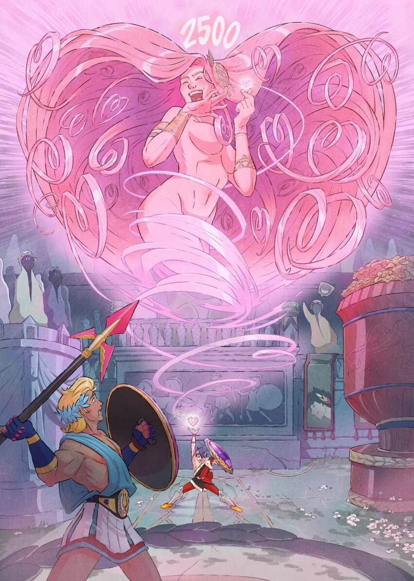 1girl, 2boys, ^_^, absurdres, ancient_greek_clothes, aphrodite_(hades), arena, barefoot