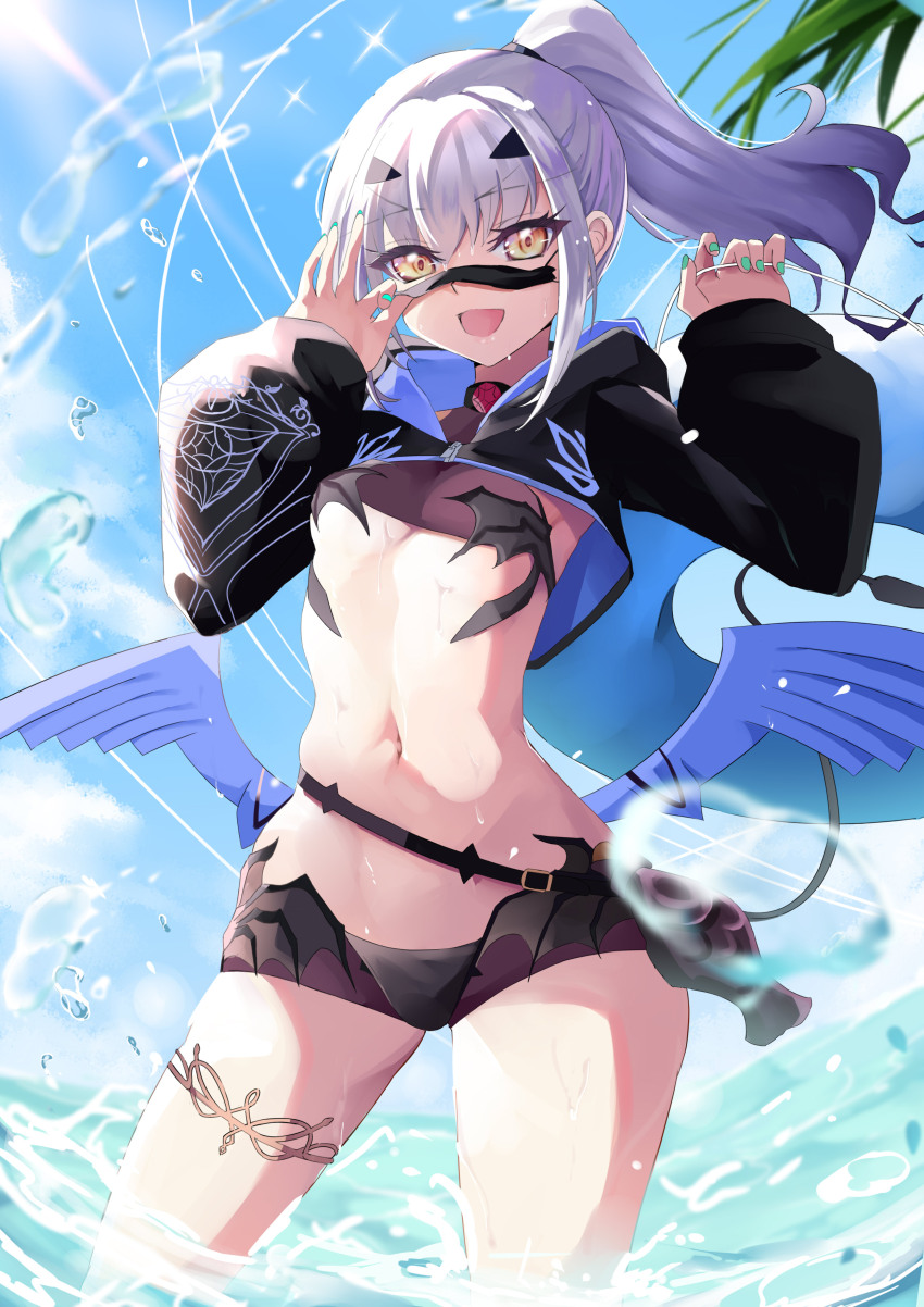 1girl, absurdres, bikini, black_bikini, breasts, cropped_jacket, dragon_wings, fate/grand_order