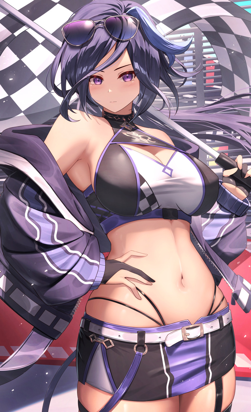 1girl, absurdres, armpits, belt, black_shirt, breasts, checkered_flag, cleavage_cutout